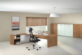 Mobilier de direction.Gamme " Moka ":Bureau rectangulaire et arqué avec retour suspendu,retour indépendant,voile de fond métallique,caisson,table de conférence ronde,rectangulaire,tonneau,armoire mélamine